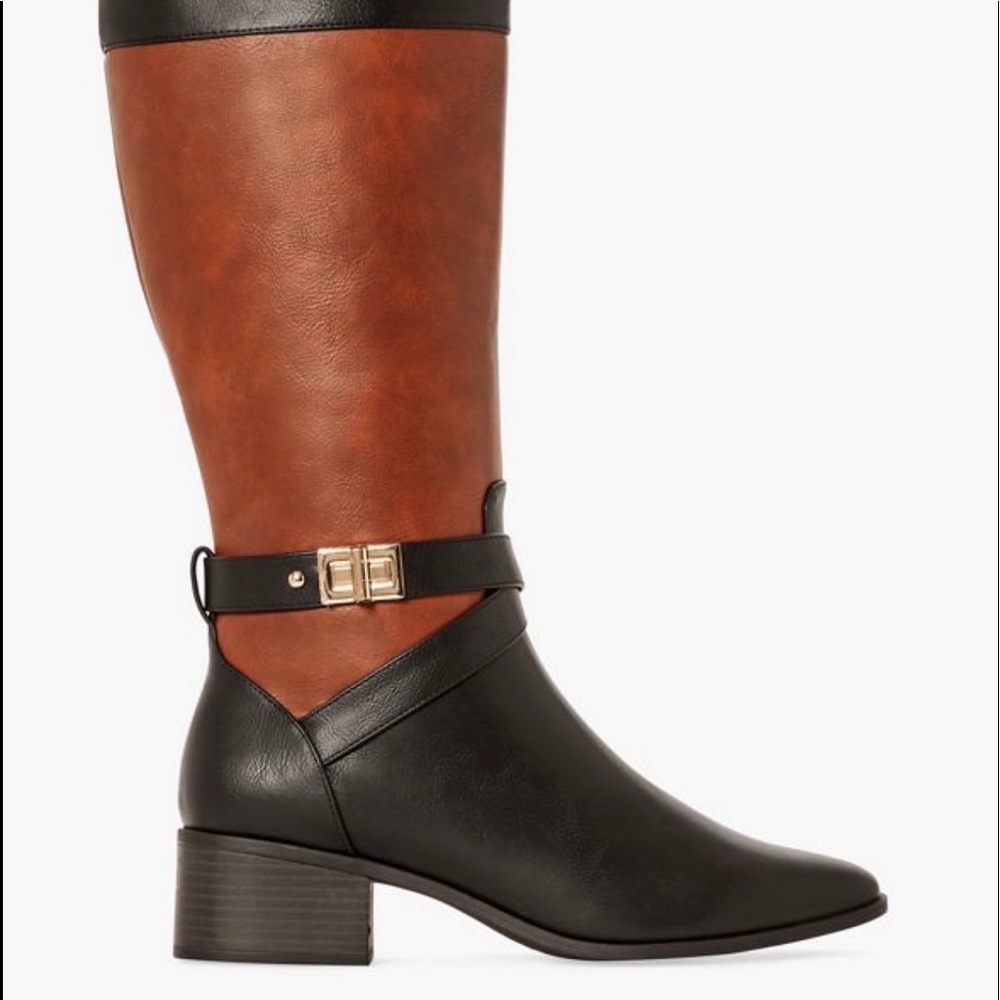 Brown/Blk Mid-Calf Leather Boots With Buckle